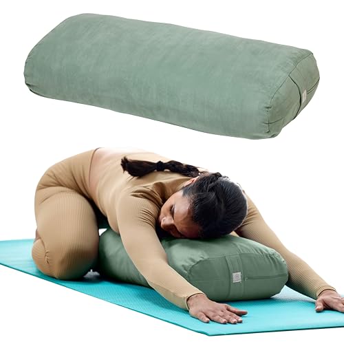 Gaiam Yoga Bolster Pillow, Soft Meditation Cushion for Yoga, Massage and Back Support, Breathable Cotton Fill, Zippered Microfiber Cover, Easy-Carry Handle, Machine Washable - color: Sage
