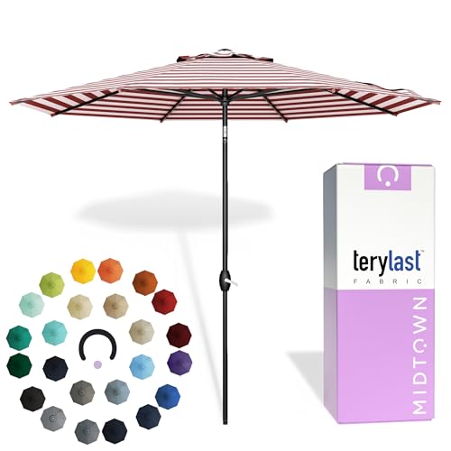 MIDTOWN UMBRELLAS The Lean 9 Feet Outdoor Umbrella With Terylast Red Stripes (Red/White Stripes) Polyester Fabric - 8 Ribs Aluminum Frame Patio Umbrella With Zinc Alloy Crank Lift And Auto-Tilt System - color: Terylast Fabric - Apple Stripes, size: 9 Foot