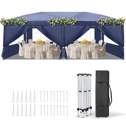 VINGLI 10x20 ft Pop Up Canopy Tent with 6 Sidewalls, Outdoor Gazebo 10x20 with Carry Bag, Patio Event Tent Commercial Canopy(Blue) - color: Blue