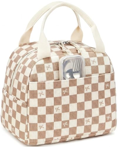 LEDAOU Lunch Box for Women Insulated Lunch Bag Corduroy Lunch Tote Bags Leakproof Cooler Lunch Case for Travel Work Picnic (rown Checkered Bow) - color: Brown Checkered Bow