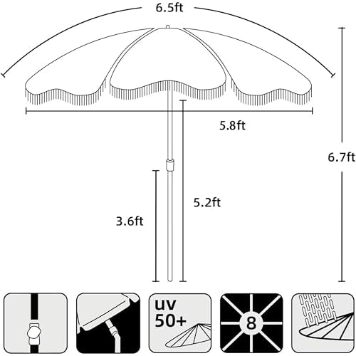 AMMSUN Boho Fringe Umbrella with Outdoor Blanket, 6.5ft UPF50+ Picnic Umbrella with Tassels with Steel Pole & Push Button Tilt, Antique White - color: Antique White with Blanket