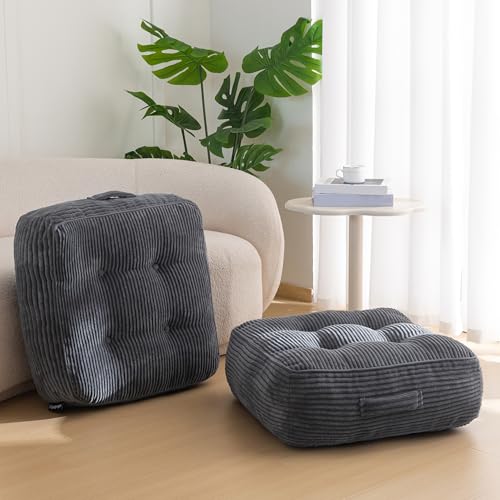 HIGOGOGO 8" Extra Thick Floor Pillow Cushion for Adults, Meditation Cushion Pillow, Large Square Floor Sitting, Tufted Corduroy Cover, for Tatami Living Room or Yoga, 22x22 Inch, 2Pack, Dark Grey - color: Square Dark Grey, size: 8" Thick(Pack of 2)