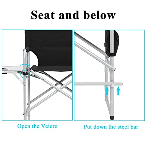 Tall Directors Chair, Portable Makeup Artist Chair with Side Table, Cup Holder, Storage Bag and Footrest, 41'' Seat Height Folding Camping Chairs for Tailgating Camp Lawn Picnic Fishing Beach