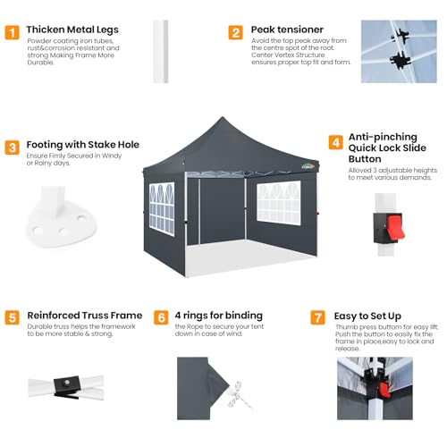 COBIZI 10x10 Pop Up Canopy with 4 Sidewalls, Canopy Tent 10x10 for Parties, Backyard, Commercial, Waterproof and Portable Instant Shelter UV50+ Outdoor Gazebo with 4 Sandbags(Light Gray) - color: Light Gray, size: 10x10FT