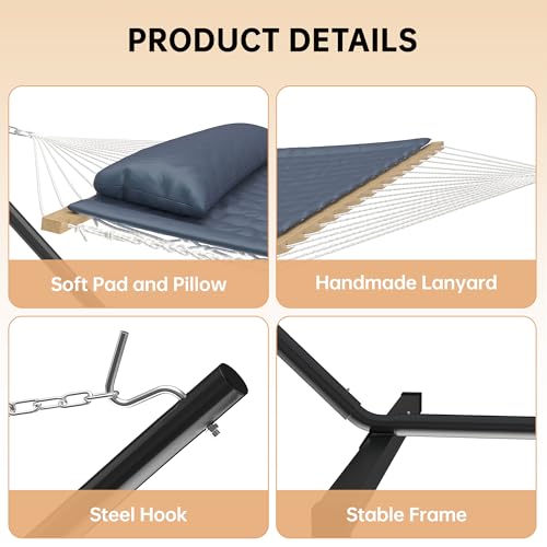 Double Hammock with Stand, Heavy Duty 475 lbs 2-Person Cotton Rope Hammock with Reversible Quilted Pad & Hardwood Spreader Bars, Portable Easy Assembly for Outdoor & Indoor Use, Gray