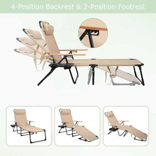 Foldable Chaise Lounge Chair Outdoor, Tanning Chair with 4-Position Reclining Back, Folding Sun Lounger, Outdoor Lounge Chair for Beach, Poolside, Backyard, Camping, UPF 50+, 300 LBS - color: Beige