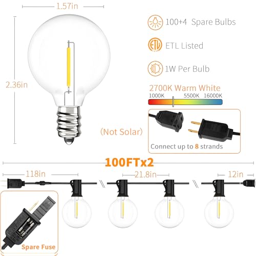 Svater Outdoor String Lights 200 FT, Patio Lights with 104 Shatterproof LED Bulbs, Commercial Grade Waterproof Plastic Hanging Light for Bistro Backyard Cafe Market, Warm White 2700K (2 X 100 FT) - size: 200ft