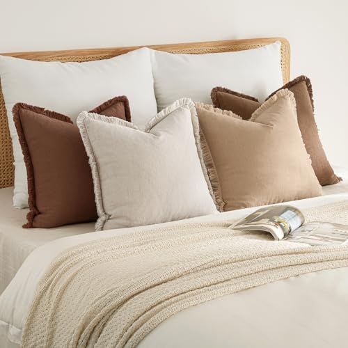 MIULEE Decorative Couch Pillow Covers Neutral Linen Fringe Throw Pillows Set of 4 Accent Rustic Cushions Boho Farmhouse Pillowcases for Bed Sofa Living Room Spring Home Decor 20x20 Inch Beige/Brown - color: Brown, size: 20" x 20" (Pack of 4)