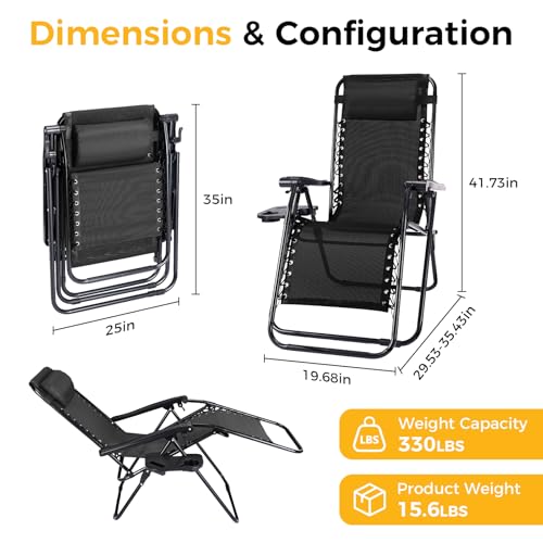 NEWBULIG Zero Gravity Chair Set of 2, Lounge Chair Folding Portable Adjustable Camping Reclining Chairs with Adjustable Pollow, Mesh Back, Cup Holder Trays Lawn Patio Chair for Pool Beach - Black - color: Modern Black, size: 2 Pack