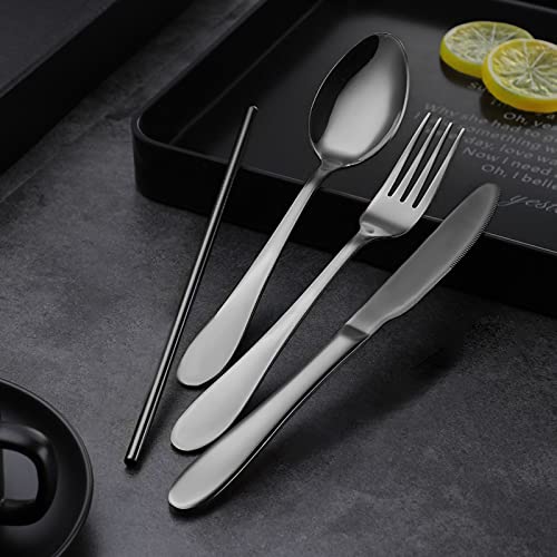 Portable Utensils Set with Case,Reusable Office Flatware Set,Healthy Travel Cutlery Set 4 PCs Stainless Steel Knife Fork Spoon Straw Cutlery Ideal for Travel, Lunch Box and Camping (Black-4 PCs) - color: Black - 4 PCs