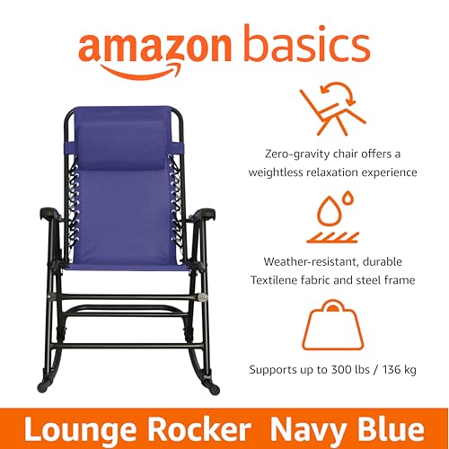 Amazon Basics Outdoor Portable Folding Rocking Chair with Headrest, Ergonomic Design, Weather-resistant Textilene Fabric for Porch, Blue - color: Navy Blue