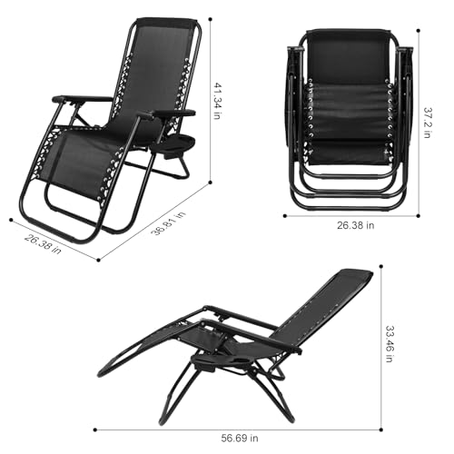 SZHLUX 1 PCS Adjustable Steel Mesh Zero Gravity Lounge Chair Recliners W/Pillows and Cup Holder Trays - Black