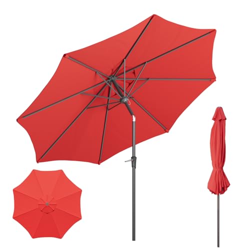 Outdoor Patio Umbrella with One Push Button Tilt and Crank, 8 Sturdy Ribs Market Table Umbrella - color: Red-Steel Ribs, size: 9FT