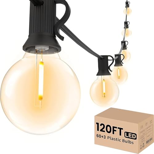 Svater Outdoor String Lights 120 FT, Patio Light with 63 Shatterproof LED Bulbs, Outside Plastic Hanging G40 Globe Lights for Cafe Market Bistro Backyard, Dimmable Warm White 2700K - size: 120ft
