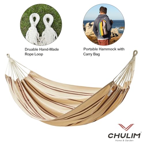 CHULIM Brazilian Double Hammock with Tree Straps,Extra Large 94x63IN,2 Persons Hammock for Backyard Patio Outdoor and Indoor,450lbs Weight Capacity,Soft Woven Cotton Fabric - Beige Brown Stripe - color: Beige Brown Stripe