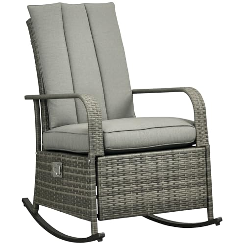Outsunny Wicker Outdoor Rocking Chair, Patio Recliner with Adjustment Backrest, PE Rattan Lounge Chair with Adjustable Footrest and Cushions for Garden, Backyard, Porch, Gray - color: Grey