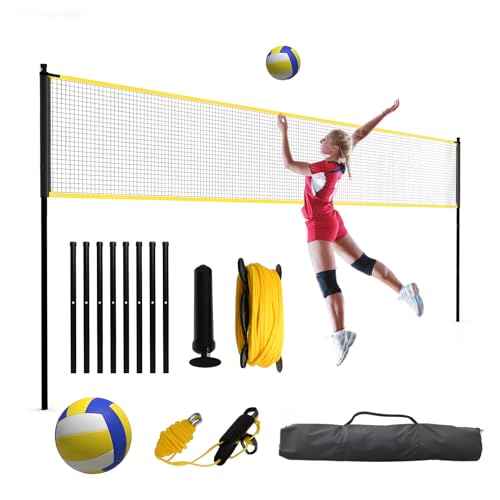 Garvee Portable Volleyball Net Set, Adjustable-Height Outdoor Volleyball Nets with Ball, Pump, Ropes & Carry Bag, Heavy-Duty Weatherproof Set for Beach, Park, Camping & Backyard - color: Yellow, size: 32ft