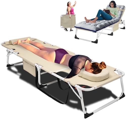 ABORON 4-in-1 Lounge Chair with Face & Arm Holes for Tanning, 440LB Heavy-Duty Folding Recliner with Plush Cotton Cushion, No Assembly Tri-Fold Guest Bed for Sunbathing, Poolside, Office Nap & Camping - color: Golden Dune With Pad Extra Wide