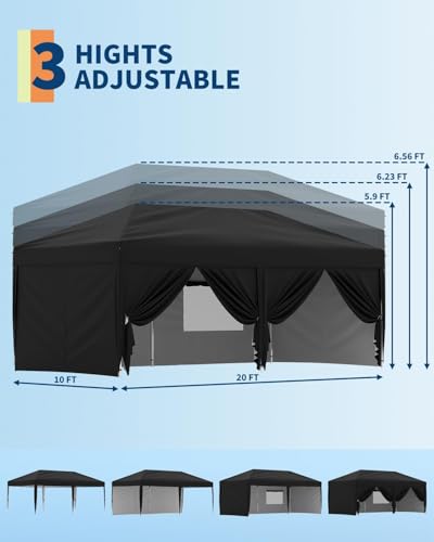 10X20 Pop Up Canopy Tent with 6 Sidewalls – Heavy Duty Commercial Instant Shelter, One-Person Quick Setup Outdoor Party Tent, Water-Resistant & Portable, Black - color: Black