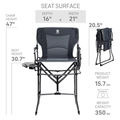 EVER ADVANCED Portable 30.7" Seat Height Tall Folding Camping Chair Directors Chair High Foldable Bar Stool with Side Table for Makeup Artist, Sports Event, Craft Show, Supports 350LBS - color: Grey