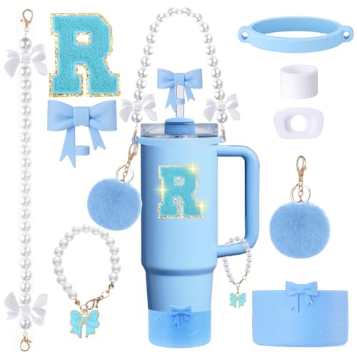 9pcs Stanley Cup Accessories Set- for 30oz 40oz Tumblers with Handle - Bule Kit Includes Bow Straw Topper and Boot, Charm, Pearl Handle Strap & Stickers - Aesthetic Girl Gifts (R) - color: R