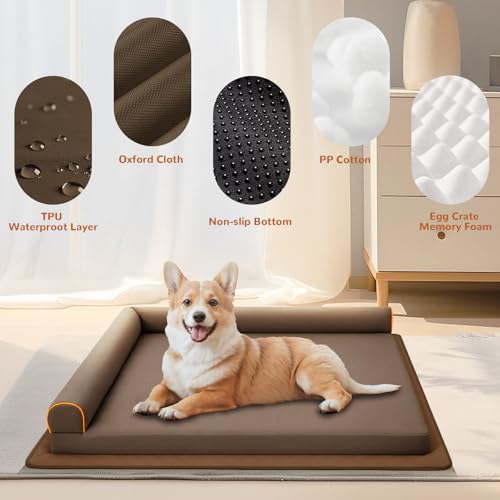 Big Dog Bed Orthopedic Memory Foam Dog Couch Waterproof with Anti-Slip Mat Washable Pet Beds Chew Proof (Brown) - color: Brown, size: 44.0"L x 34.0"W x 7.5"Th
