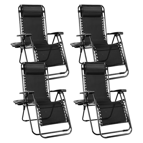 Sweetcrispy Zero Gravity Chairs, Set of 4 Portable Recliner Beach Camping Patio Outdoor Folding Lounge Chair with Cup Holder Trays and Adjustable Pillow for Poolside, Garden, Backyard, Lawn (Black) - color: Black-4p