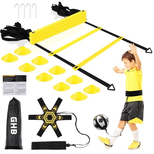 GHB Pro Agility Ladder Soccer Kick Trainer Set 20ft 12 Rung 10 Cones and 4 Stakes Speed Agility Football Training Equipment with Carrying Bag - color: Yellow