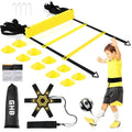 GHB Pro Agility Ladder Soccer Kick Trainer Set 20ft 12 Rung 10 Cones and 4 Stakes Speed Agility Football Training Equipment with Carrying Bag - color: Yellow