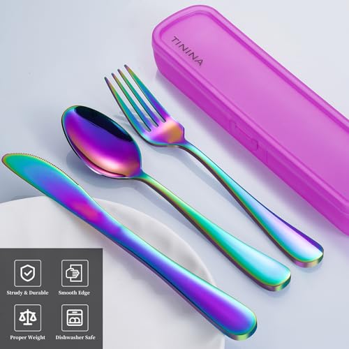 Travel Utensils with Case, 4-Piece Stainless Steel Portable Cutlery Set, Reinforced Case with Buckle Design, Lunch Box for Camping Work School, Include Fork Spoon Knife, Dishwasher Safe, Rainbow - color: Rainbow