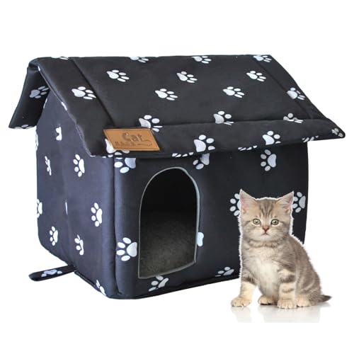 Cat House for Outdoor,Weatherproof Warm Feral Cats Shelter Outside/Indoor Collapsible Insulated Pet Houses Foldable Stray Cat Tent Cave for Kitty Puppy Small Animals Four Season(Black)