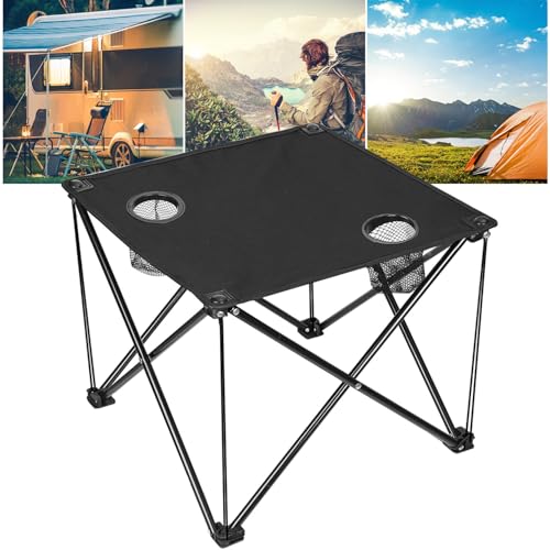KOCASO 1Pc Foldable Camping Table Portable Picnic Table Lightweight Travel Desk with 2 Cup Holders Carrying Bag - color: Black
