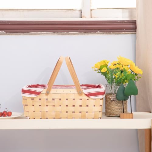 Bamboo Picnic Basket with Handle，Natural Woodchip Basket with Washable Lining for Camping（14X7.5X5.5inches） (Red) - color: Red