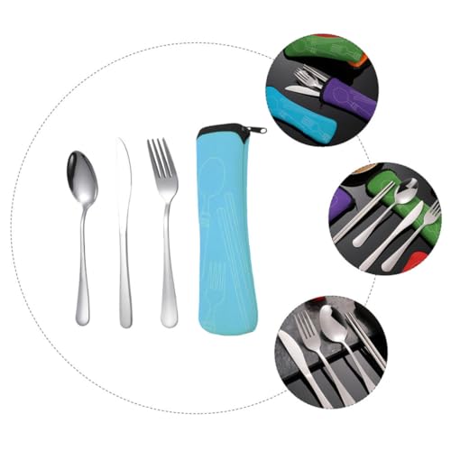 GLEAVI Stainless Steel Cutlery Set 3pcs Portable Fork Spoon Knife Tableware with Blue Carry Bag for Camping Picnic Outdoor Dining