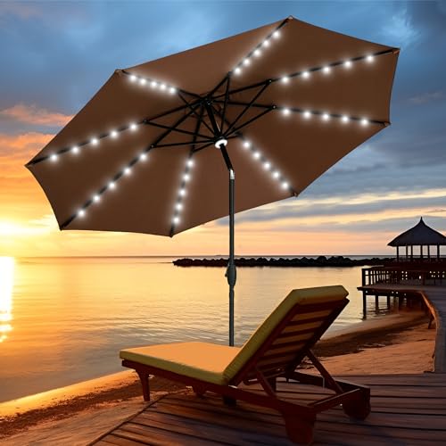 GDY 10Ft Patio Umbrella, Table Umbrella with 40 LED Lights, Outdoor Umbrellas for Patio, with Tilt and Crank, Center Light, for Garden, Deck, Backyard, Pool, and Beach. - color: Coffee