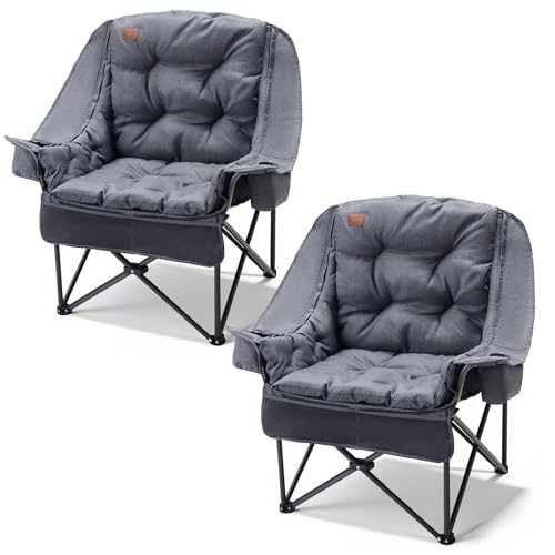 EVER ADVANCED 2 Set Camping Chair with Detachable Cushion, Mesh Chair for Adults Foldable, Oversized Heavy Duty Folding Chair with Cooler Mesh Pocket Cupholder Outdoor Fishing, Supports 400LBS Grey - color: Grey, size: 2 P