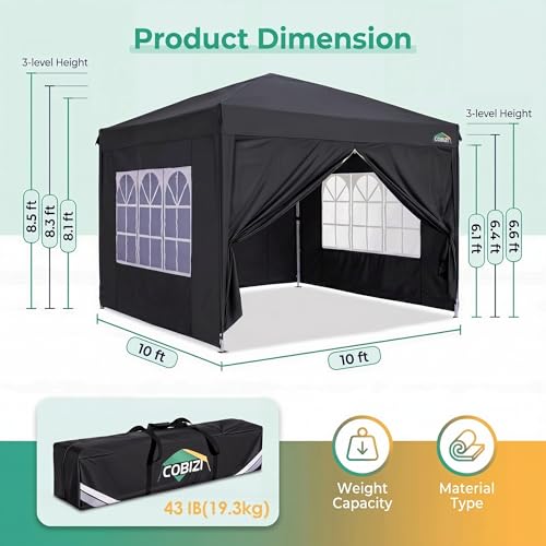 COBIZI 10x10 Pop up Canopy Tent, 10 by 10 Easy Setup Pop up Gazebo with 4 Sidewalls & Center Lock, Small Portable Instant Waterproof Outdoor Tent Canopy for Patio Backyard Vendor Event Sports (Black) - color: BLACK, size: 10x10FT with 4 sidewalls