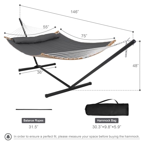 55in Hammock with Stand, Heavy Duty Hammock with Stand Included, Two Person Hammock with Curved Spreader Bar, Pillow and Portable Bag, 450 Lbs Capacity, Dark Gray - color: Dark Gray