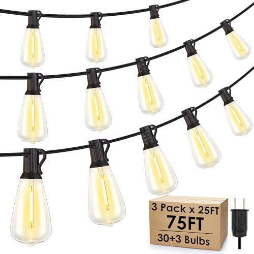 Larkvue 75FT(3x25FT) Outdoor String Lights, Patio Lights with 30+3 LED Dimmable Waterproof Connectable ST38 Bulbs for Outside Porch Balcony, Black - color: Black, size: 75FT
