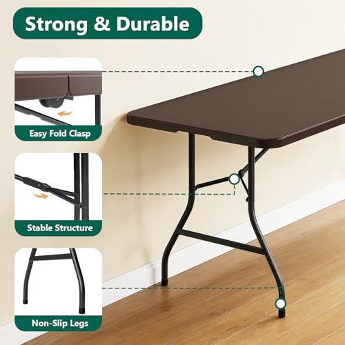 Folding Table 6FT Heavy Duty Plastic Table with Handle, Foldable&Portable, Fold-in-Half Utility Tables for Outdoor, Dining, Wedding, Events, Indoor, Picnic, Camping, Party,Brown - color: Brown, size: 6FT