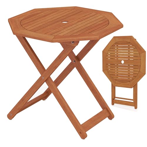 Tangkula 32-Inch Octagon Folding Outdoor Dining Table, Wood Patio Bistro Table with 2" Umbrella Hole and Slatted Tabletop, Outside Table for Garden, Yard, Porch, Teak Oil Finish, No Assembly Required - size: 32"