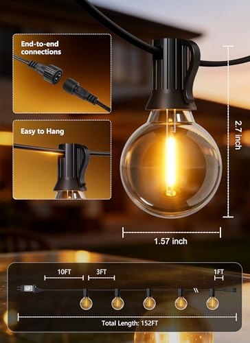 Brightown Outdoor String Lights, 152FT Shatterproof LED Patio Lights with 48 Dimmable Plastic G40 Bulbs, 2700K Waterproof Connectable Hanging String for Backyard, Cafe, Porch, Deck, Home Decor - size: 152FT - 48 Bulbs