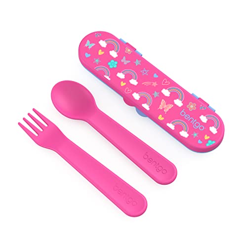 Bentgo Kids Utensil Set - Reusable Plastic Fork, Spoon & Storage Case BPA-Free Materials, Easy-Grip Handles, Dishwasher Safe Ideal for School Lunch, Travel, Outdoors (Rainbows and Butterflies) - color: Rainbows and Butterflies