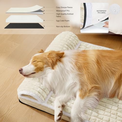 Orthopedic XL Dog Bed Large Sized Dog with Pillow 48''X30'', Waterproof Soft Comfortable Egg Crate Foam Pet Crate Beds Mat with Removable Washable Cover and Non-Slip Bottom, Cream - color: Cream, size: 48"l X 30"w X 3.5"th