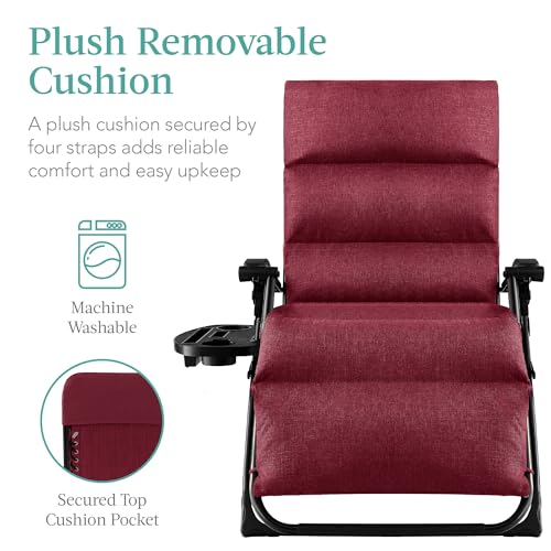 Best Choice Products Oversized Zero Gravity Chair, Folding Outdoor Patio Recliner, XL Anti Gravity Lounger w/Removable Cushion, Cup Holder, Side Tray, 350lb Capacity - Burgundy - color: Burgundy