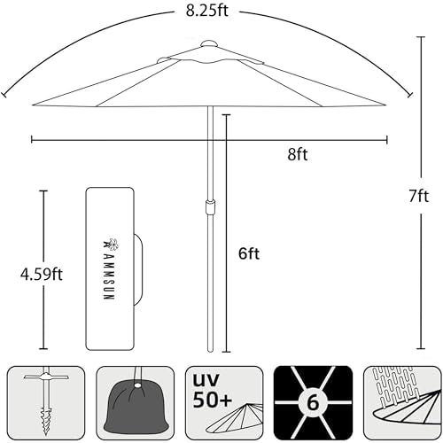 AMMSUN 8ft Large Beach Umbrellas for Sand Heavy Huty Wind Portable Commercial Grade Patio Beach Umbrella with Sand Anchor Adjustable Height Air Vent UPF 50+ Telescoping Pole without tilt Red - color: Red
