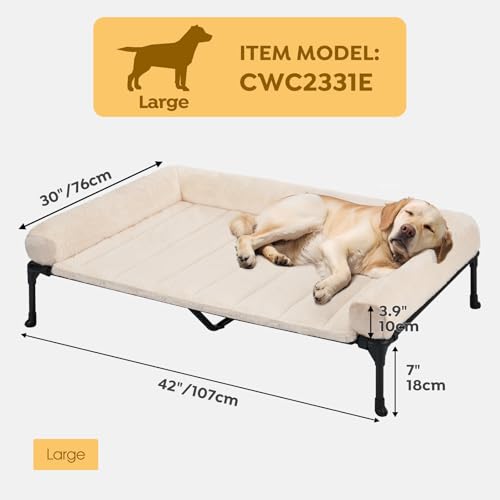 Veehoo Orthopedic Elevated Dog Bed with Fluffy Plush Bolster Cushion, Indoor Raised Dog Beds for Large Dogs, Soft Pet Sofa Cot with Removable Washable Mat, No-Slip Feet, 42 x 30 inches, Cream White - color: Cream White, size: 42.0"L x 30.0"W x 7.0"Th