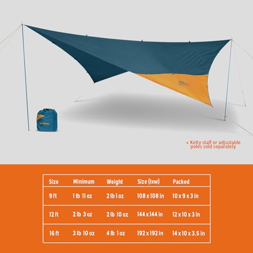 Kelty Noah’s Tarp Sun Shelter and Multi-Use Awning Rainfly, Portable Canopy UV Protection, Waterproof + Durable, 3 Sizes for Customized Pitch (9ft) - size: 9 Feet