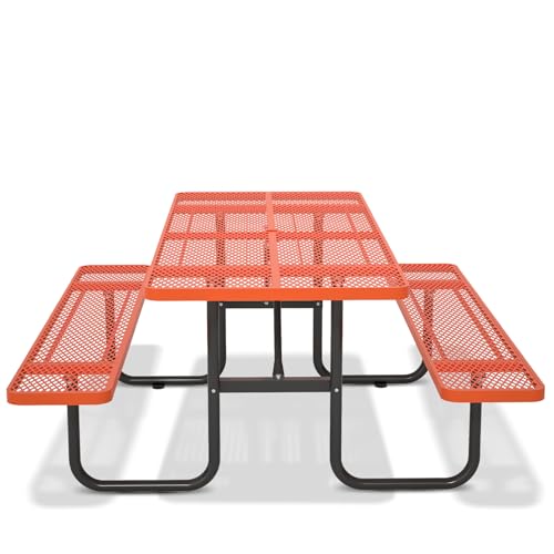 72'' Steel Rectangular Metal Picnic Table for Outdoors, Commercial Picnic Table with Umbrella Hole of Up to 1-1/2" Diameter, for Garden Courtyard BBQ, Orange - color: Orange