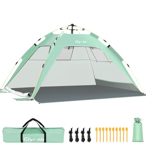 Glymnis Pop Up Beach Tent Sun Shade Shelter for 3-4 Person with UPF 50+, Lightweight & Easy Setup, Vent Windows & Zippered Door, Extended Floor Family Instant Beach Tent - color: Green